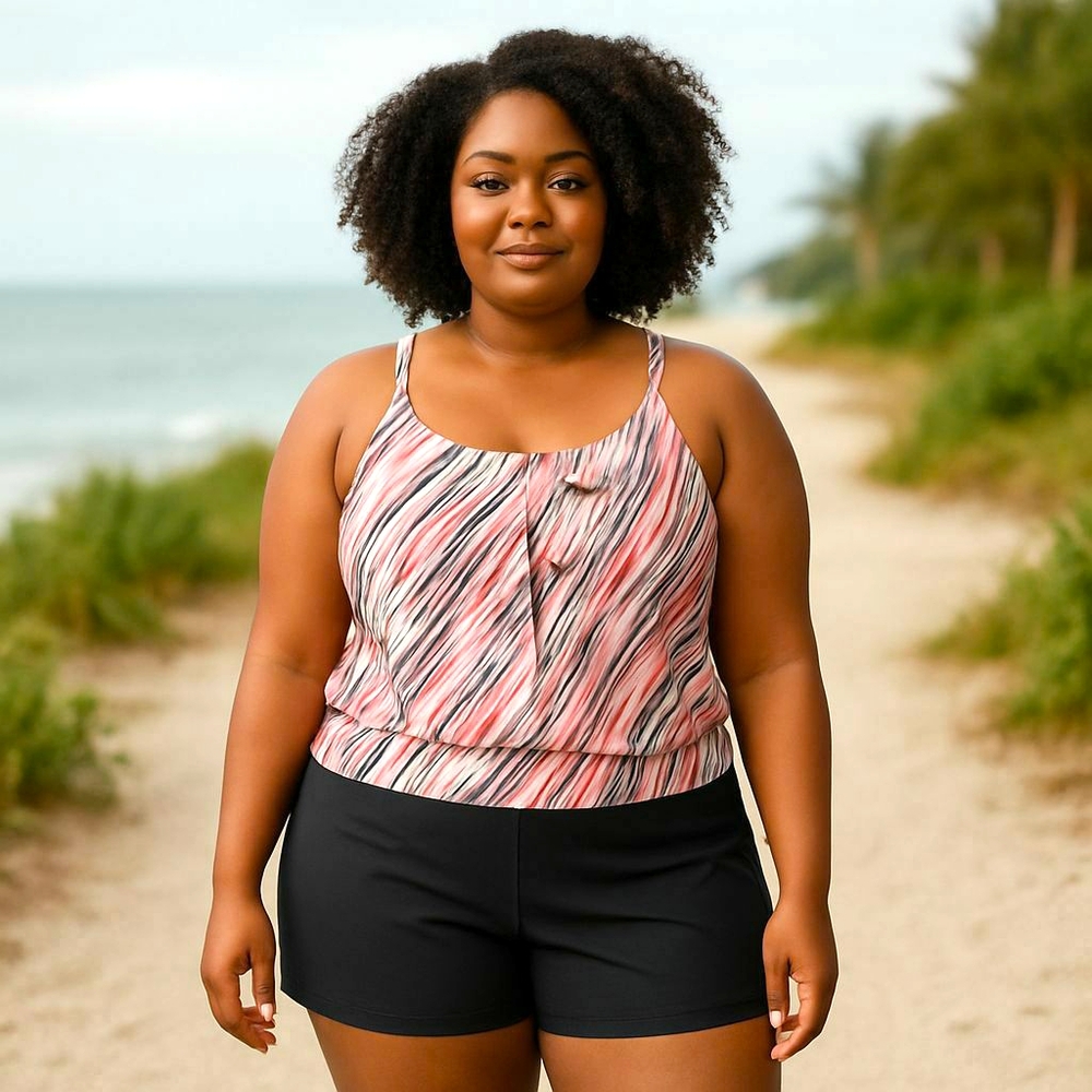 Stylish Pink and Black Swimsuit- Tank Top with Shorts 24W NWT